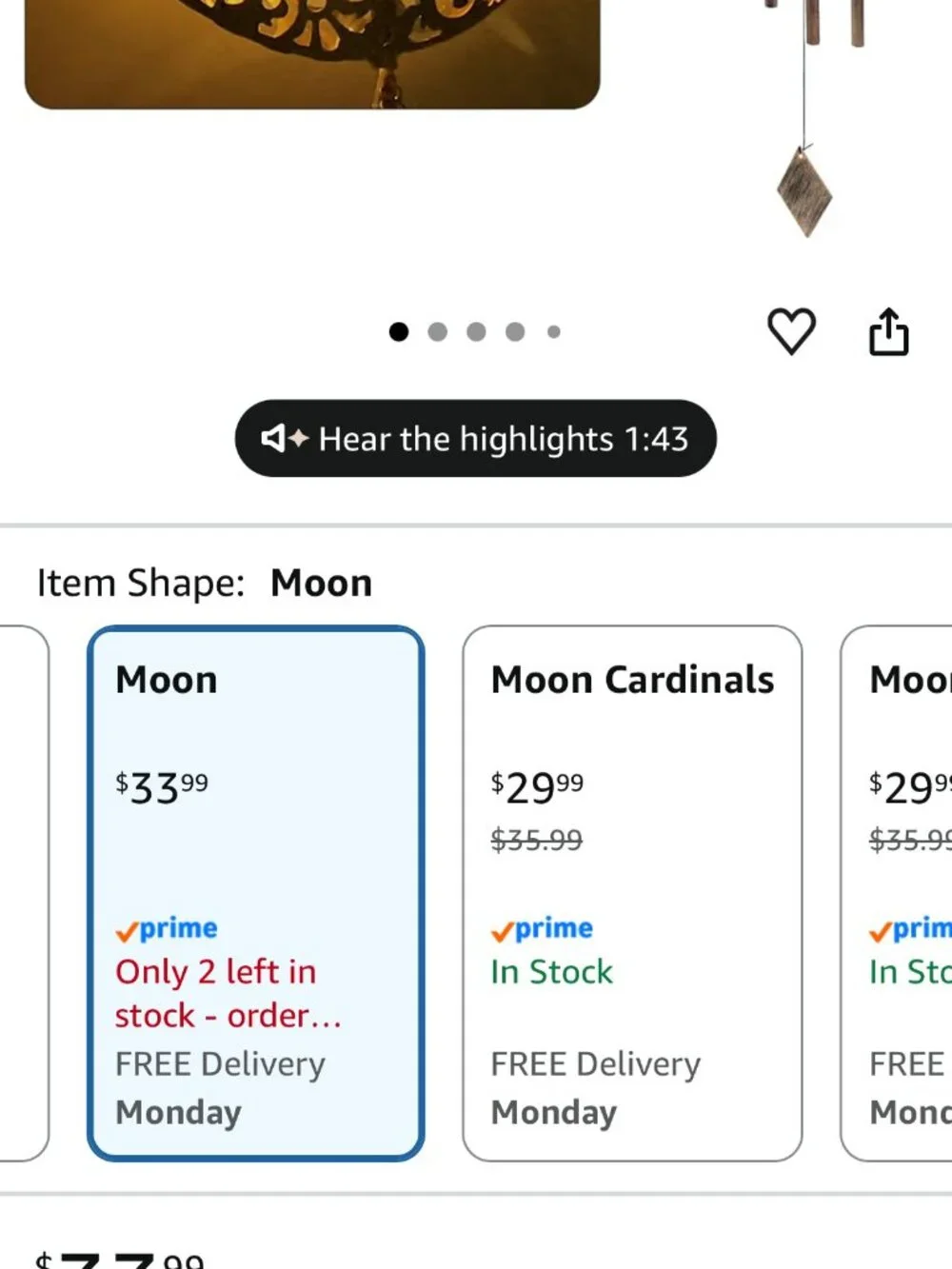 Moon wind chime/solar outdoor-New without tags